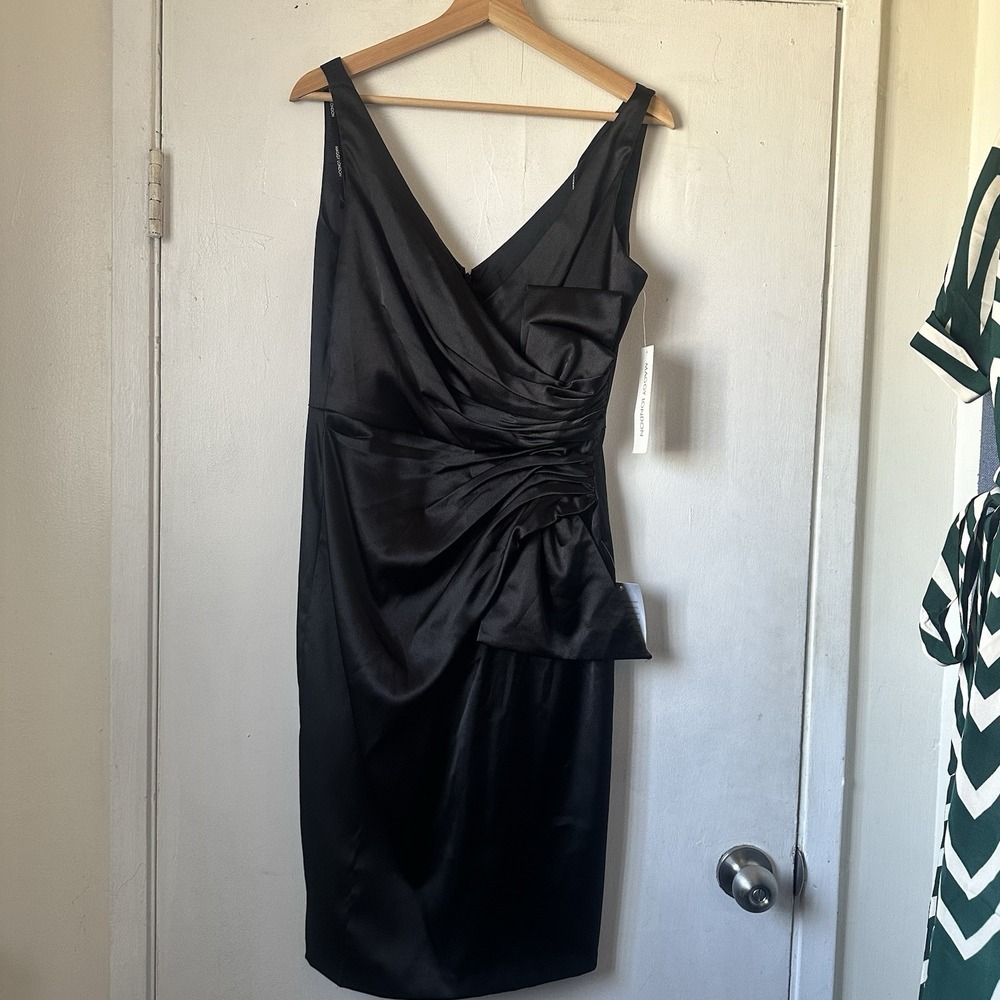Maggy London Faux Wrap Side Bow Black Satin Evening Dress Cocktail LBD Sz 10 NWT